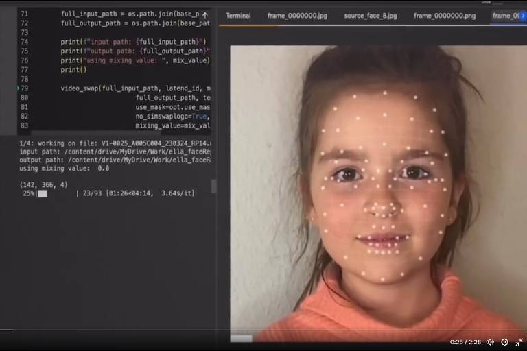 A menina Ella, 9, é personagem da campanha de privacidade da Deutsche Telekom. Vídeo mostra como foi possível criar uma versão adulta dela com IA. Tela mostra terminal de programação, com uma foto de Ella, alterada com base em pontos-chave da feição da menina