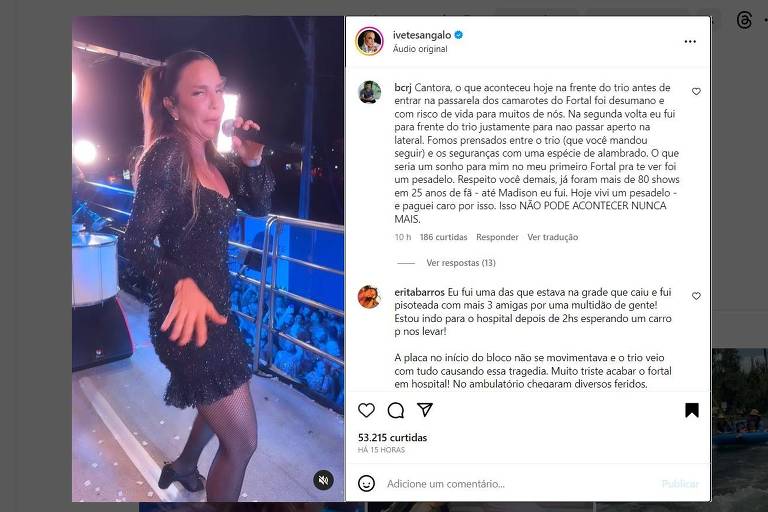 Print mostra última públicação do Instagram de Ivete Sangalo, na qual fãs relatam pisoteamento e ferimentos durante show no Fortal, em Fortaleza (CE) neste sábado (22)