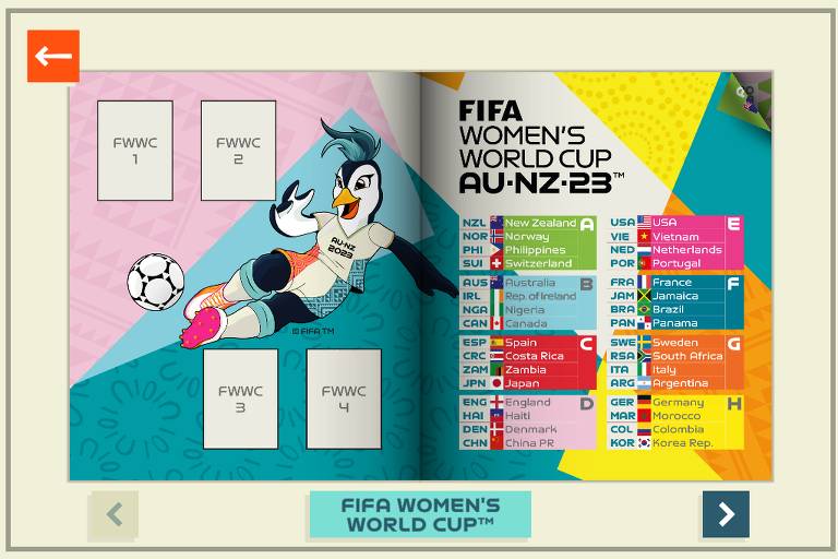 Álbum virtual da Copa do Mundo reproduzi experiência da versão impressa. No meio da plataforma, há ilustrações com a mascote da Copa Tazuni, uma pinguim azul