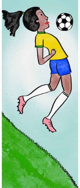 Desenho de uma mulher jogando futebol usando uniforme da Seleção brasileira.