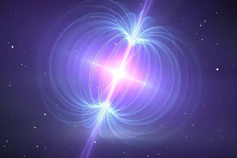 Representação gráfica de um magnetar, uma estrela de nêutron com um campo magnético extremamente poderoso