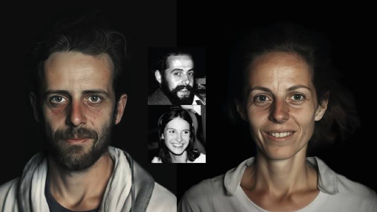 Retratos coloridos feminino e masculino gerados por inteligência artificial a partir de fotos em preto e branco de casal desaparecido dispostas no centro da imagem