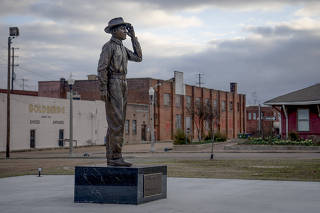 A statue of Emmett Till, not far from where he was kidnapped and killed, in Greenwood, Miss., on Feb. 17, 2023. (Erin Schaff/The New York Times)