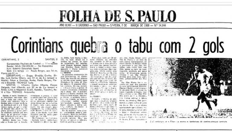Folha de S.Paulo de 7 de março de 1968, que relata a vitória do Corinthians sobre o Santos em 6/3/1968; jogo quebrou um tabu de 11 anos no Campeonato Paulista
