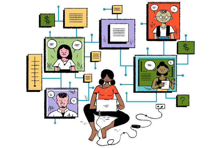 A ilustração mostra uma menina de pele negra sentada de frente para um notebook, na imagem aparecem quadros com pessoas que representam professores e professoras dando aulas de forma online