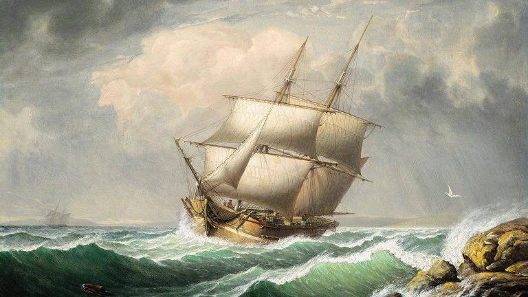 Ilustração detalha como seria o brigue Camargo antes do naufrágio, um navio de madeira com dois mastros e grandes velas brancas