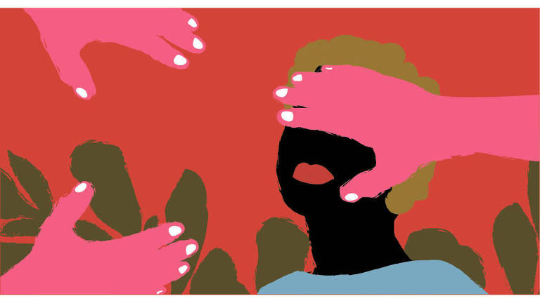 Ilustração de fundo vermelho, com um rosto negro, de batom vermelho e cabelos cacheados, que aparece com os olhos cobertos por uma mão de tom rosa.