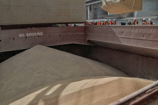 FILE PHOTO: A container with wheat is seen aboard Marshall Islands flagged general cargo ship Negmar Cicek loaded with wheat for Yemen, in a sea port of the Chornomorsk town