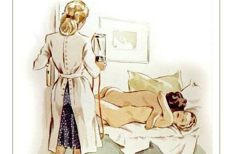 Ilustração mostra uma mulher, de costas, observando um casal fazendo sexo na cama