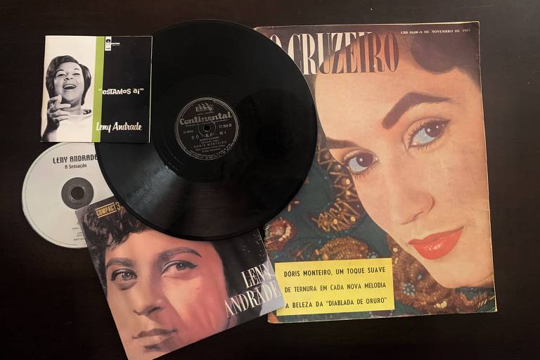 Capa da revista O Cruzeiro e disco de 78 r.p.m. com Doris Monteiro e compacto duplo e CDs com Leny Andrade