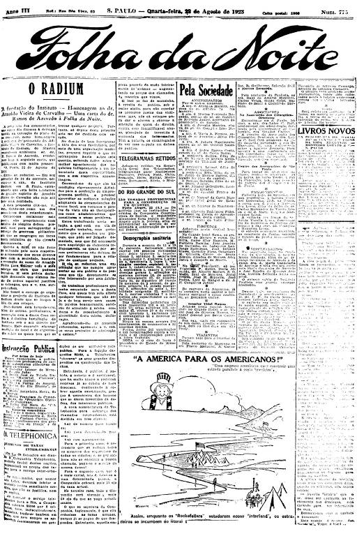 Primeira Página da Folha da Noite de 22 de agosto de 1923