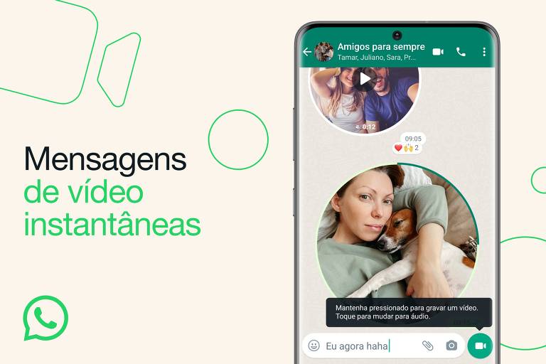 O WhatsApp reproduz os vídeos de bordas circulares automaticamente. Para tirar do mudo, é necessário clicar na mensagem. Tela de smartphone mostra a nova funcionalidade