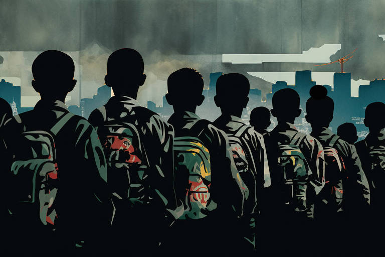 Silhuetas obscurecidas e enfileiradas de alunos de costas com mochilas em frente a uma paisagem urbana de prédios e um céu nublado.