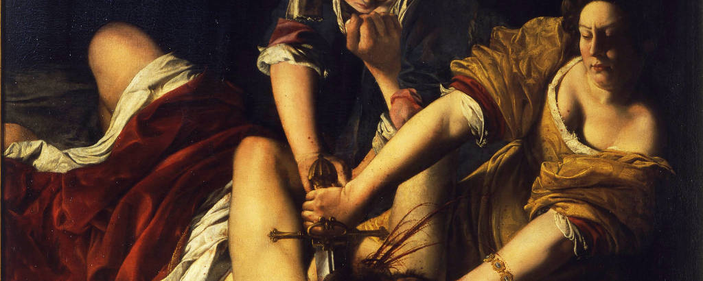 pintura de mulheres cortando a garganta de homem deitado em cama com uma espada dourada