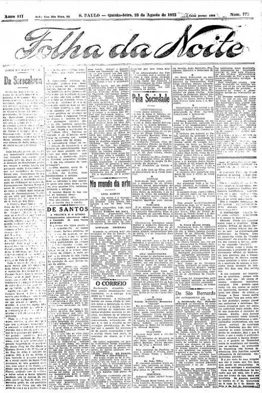 Primeira Página da Folha da Noite de 23 de agosto de 1923