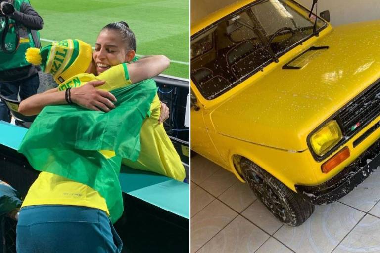 Em foto montagem, pai e filha se abraçam e aparecem ao lado de um carro amarelo