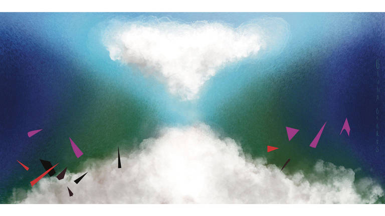 Do centro inferior da imagem emana uma grande fumaça clara de onde sai uma nuvem branca em formato crescente. As cores do fundo acompanham o movimento ascendente em direção à parte superior da imagem.