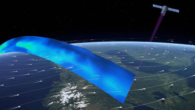 Ilustração mostra satélite jogando feixe de luz na atmosfera, formando uma faixa de varredura nos ventos