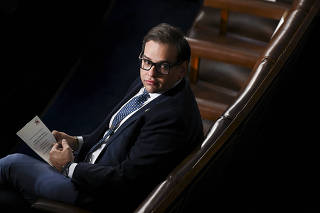 Rep. George Santos (R-N.Y.) before a joint meeting of Congress in the House Chamber of the Capitol in Washington, April 27, 2023. (Kenny Holston/The New York Times)