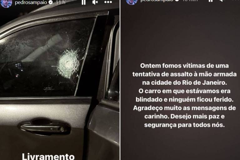 Em foto montagem, post de um carro alvejado por tiros e um texto explicando o ocorrido