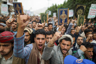 People demonstrate against the desecration of the Koran in Denmark, in Sanaa