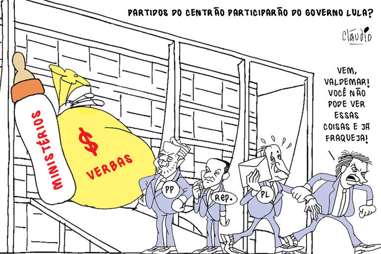 A charge tem título Partidosdo centrão vão participar do governo Lula? O desenho mostra uma cena em frente ao Palácio doPlanalto. Ao fundo, no alto da rampa do palácio, encostada na vidraça, há umagrande mamadeira, na qual se lê a palavra Ministérios. Ao lado, vê-se um grande saco de dinheiro com a palavra verbas. No pé darampa, em plano intermediário, aparece o presidente da Câmara, Arthur Lira, olhando para amamadeira e o saco de verbas. Ele está com um bottom do seu partido, o PP, nalapela. Ao seu lado, está Marcos Pereira, presidentedo Republicanos, com um bottom de seu partido na lapela, também olha para osobjetos. Em primeiro plano, JairBolsonaro, irritado, puxa pelo braço Valdemar Costa Neto, presidente do PL,que tapa a sua visão com um envelope. Bolsonaro diz:- Vem,Valdemar! Você não pode ver essas coisas e já fraqueja!