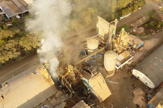 FILE PHOTO: A general view after a series of explosions at grain silos owned by agro-industrial cooperative C. Vale, in the city of Palotina, Parana State, Brazil, July 27, 2023. Brazil's Parana Firefighters/Handout