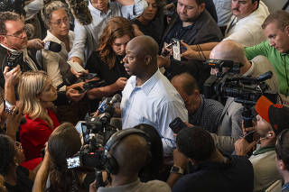 Republican presidential candidate Sen. Tim Scott (R-S.C.) speaking with reporters at a town hall event in Ankeny, Iowa on Thursday, July 27, 2023. (Jordan Gale/The New York Times)