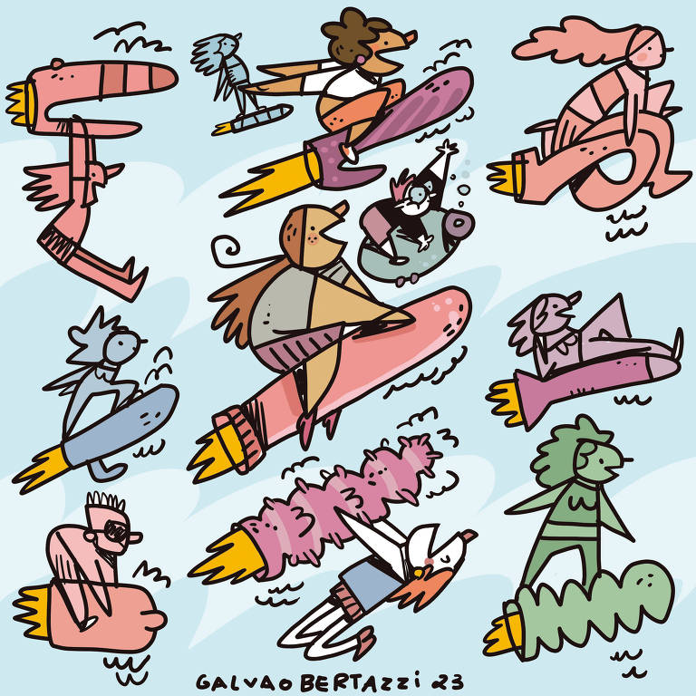 Na ilustração de Galvão Bertazzi, temos várias mulheres voando em cima de vibradores gigantes, das mais variadas formas e cores. Estão todas sorridentes e felizes.