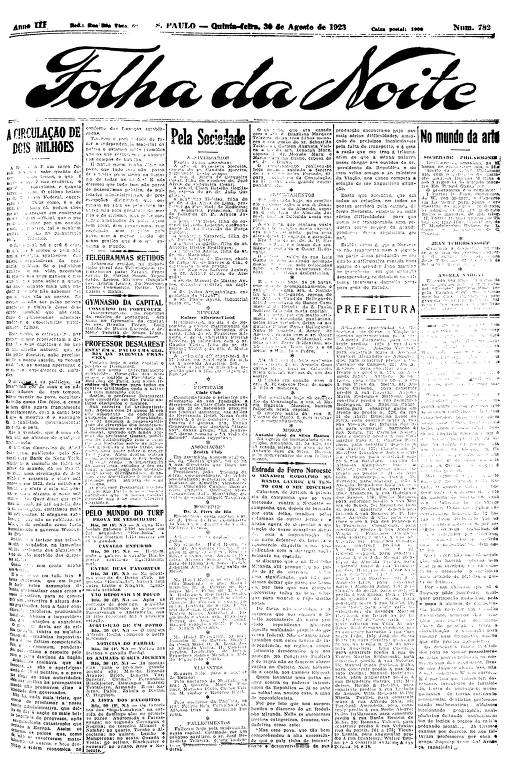 Primeira Página da Folha da Noite de 30 de agosto de 1923