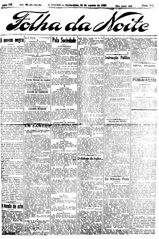 Primeira Página da Folha da Noite de 31 de agosto de 1923