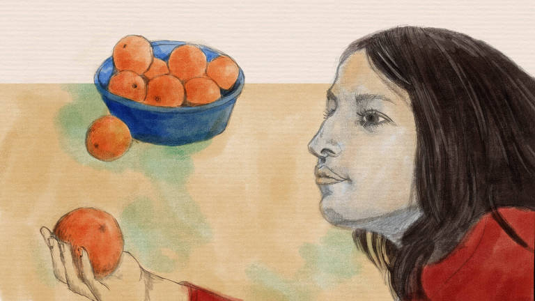 arte ilustra uma menina segurando uma laranja ao lado de uma tigela azul com várias laranjas