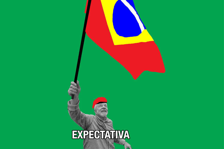 Sobre um fundo verde há uma colagem com a foto do presidente Lula em preto e branco, na sua cabeça há uma boina vermelha e está balaçando a bandeira do Brasil que exibe a cor vermelha no lugar do verde.
