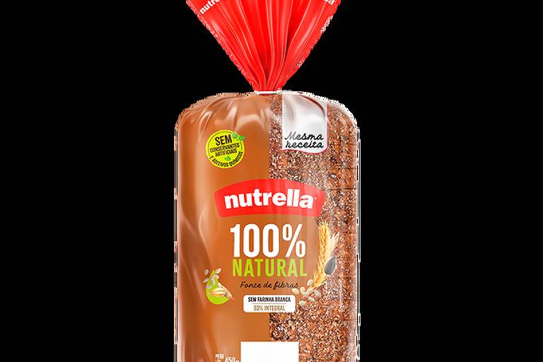 Imagem mostra embalagem atual do pão de forma Nutrella, com as palavras "100% Natural"