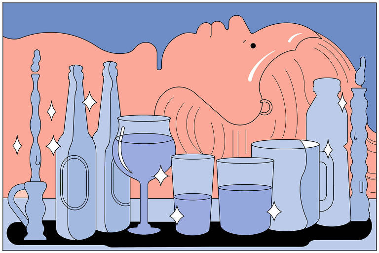 Ilustração em rosa e azul mostra uma pessoa deitada, olhando para cima, cercada por garrafas e copos