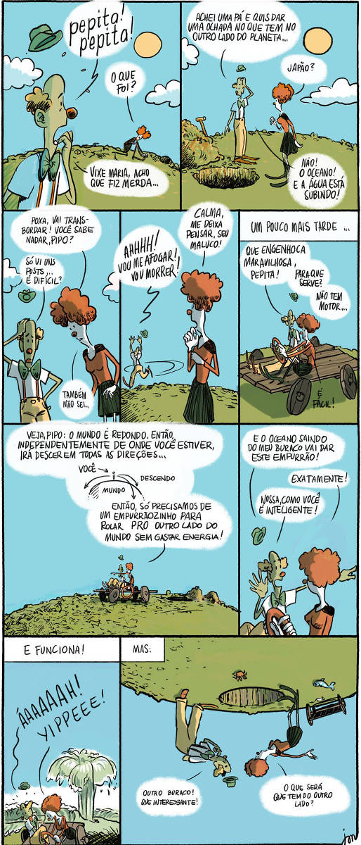 Pepita e Pipo, dois palhaços, encontram-se num planeta cheio de lixo. Pipo cavou um buraco para o outro lado, para ver o que há lá. Infelizmente, ele perfurou o solo e a água começa a subir na direção deles. Pepita tem uma ideia e monta um carro, sugerindo que, como a terra é redonda, eles podem descer para todos os lados e o carro pode levá-los embora. E realmente, a ideia parece dar certo. Quando chegam no outro lado do mundo, eles constam, de ponta cabeça, que só tem outro buraco. Curiosa, Pepita se pergunta o que aconteceria se eles pulassem nele.