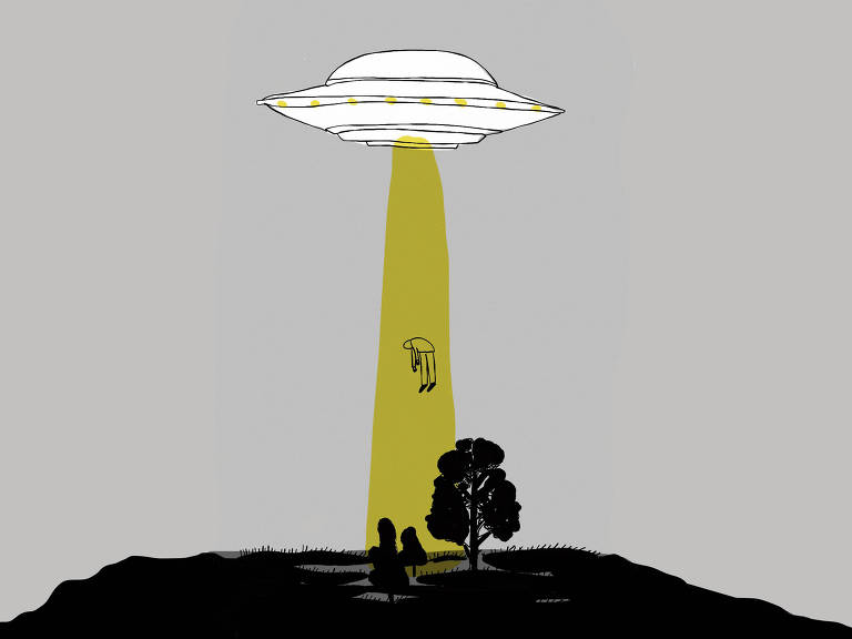 No desenho de Luiza Pannunzio uma nave extraterrestre está abduzindo o corpo de um homem aparentemente desmaiado ou morto partindo dum lugar descampado com poucas três árvores.