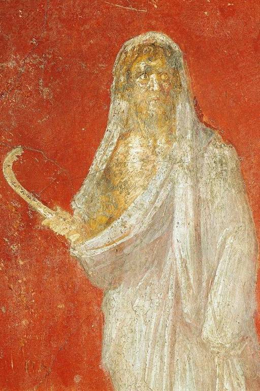 O deus romano Saturno, em um afresco do século 1° d.C. em Pompeia. Ele poderia ser o semeador do quadrado de Sator. Seu nome, 'Sautran', aparece abaixo do mais antigo dos quadrados.