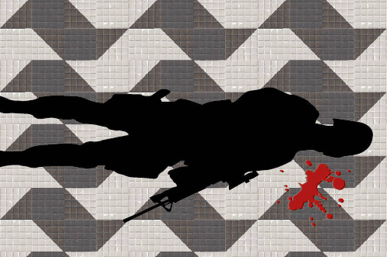 A sombra de um policial armado de fuzil, projeta-se sobre uma calçada cujo padrão é a silhueta do Estado de São Paulo. À direita da imagem, uma mancha de sangue.