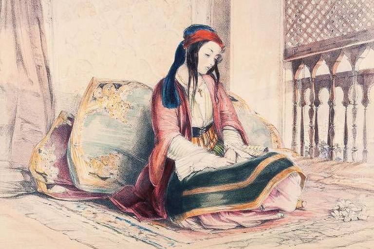 Ilustração de jovem no harém, no Império Otomano