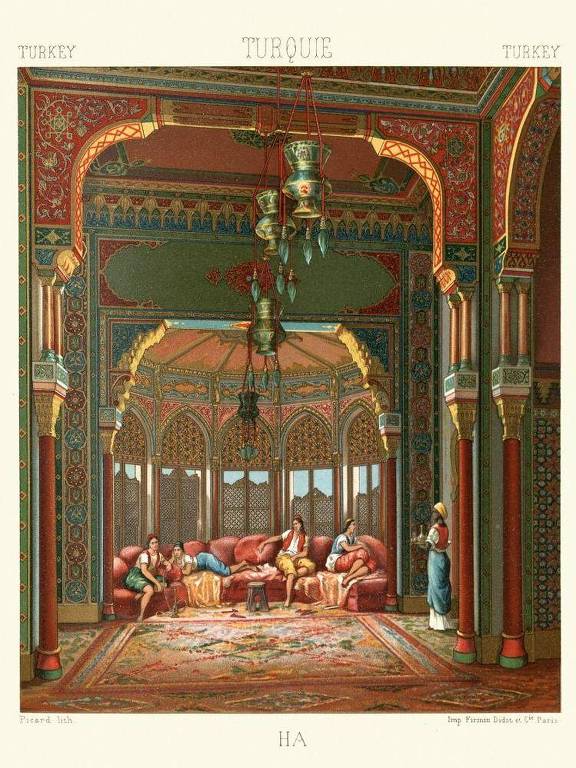 Ilustração de mulheres deitadas e sentadas em sofá em palácio otomano