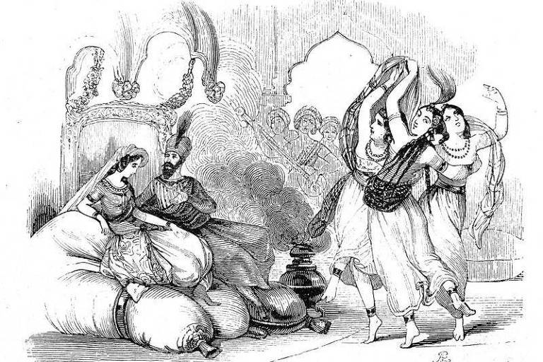 Ilustração de mulheres dançando em harém