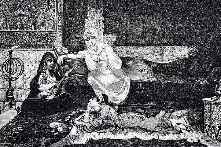 Ilustração de três mulheres, sendo uma sentada no sofá, outra deitada no chão e a terceira tocando um instrumento musical sentada de pernas cruzadas no chão