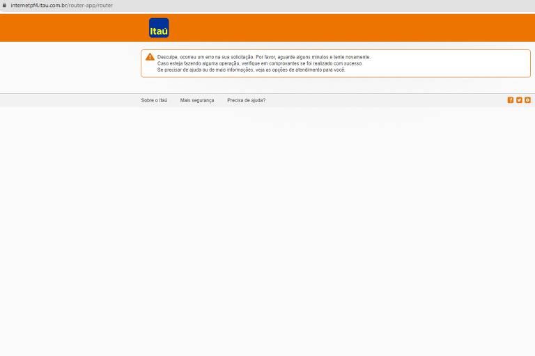Tela do site do banco Itaú mostra erro ao tentar acessar a conta