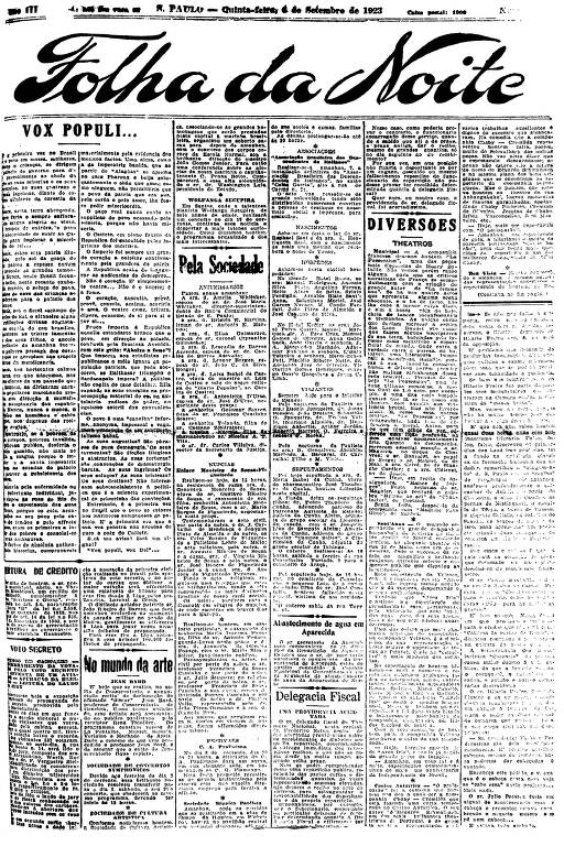 Primeira Página da Folha da Noite de 6 de setembro de 1923