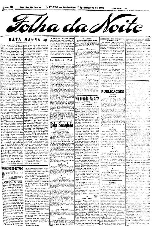 Primeira Página da Folha da Noite de 7 de setembro de 1923