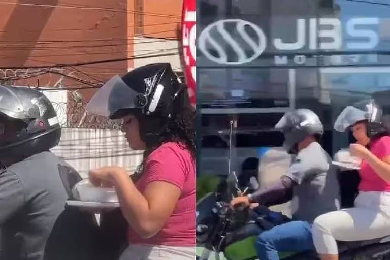 Mulher é flagrada comendo marmita em garupa de moto e vídeo viraliza