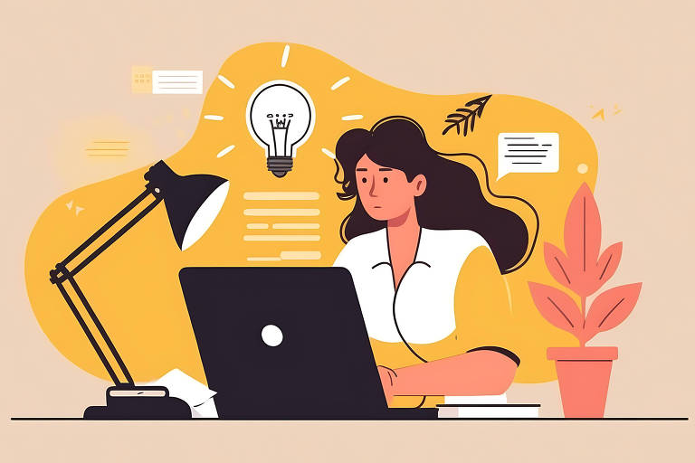 Ilustração mostra uma mulher concentrada trabalhando em seu laptop com uma lâmpada acesa simbolizando uma ideia acima de sua cabeça, sugerindo um momento de inspiração ou criatividade. Ao seu lado, uma luminária de mesa e plantas decorativas complementam o ambiente de trabalho aconchegante e produtivo