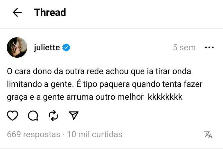 Publicação da cantora e vencedora do BBB Juliette Freire no dia de lançamento do Threads