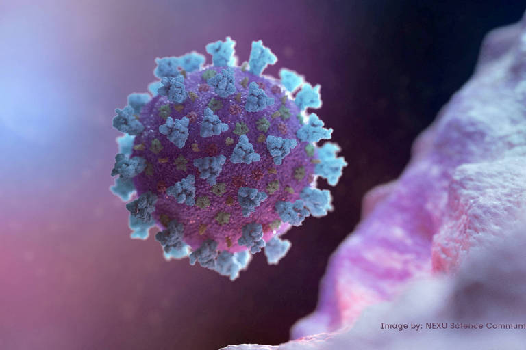 Imagem de computador criada pela Nexu Science Communication em conjunto com o Trinity College em Dublin, mostra um modelo representativo de um betacoronavírus que é o tipo de vírus ligado a Covid-19